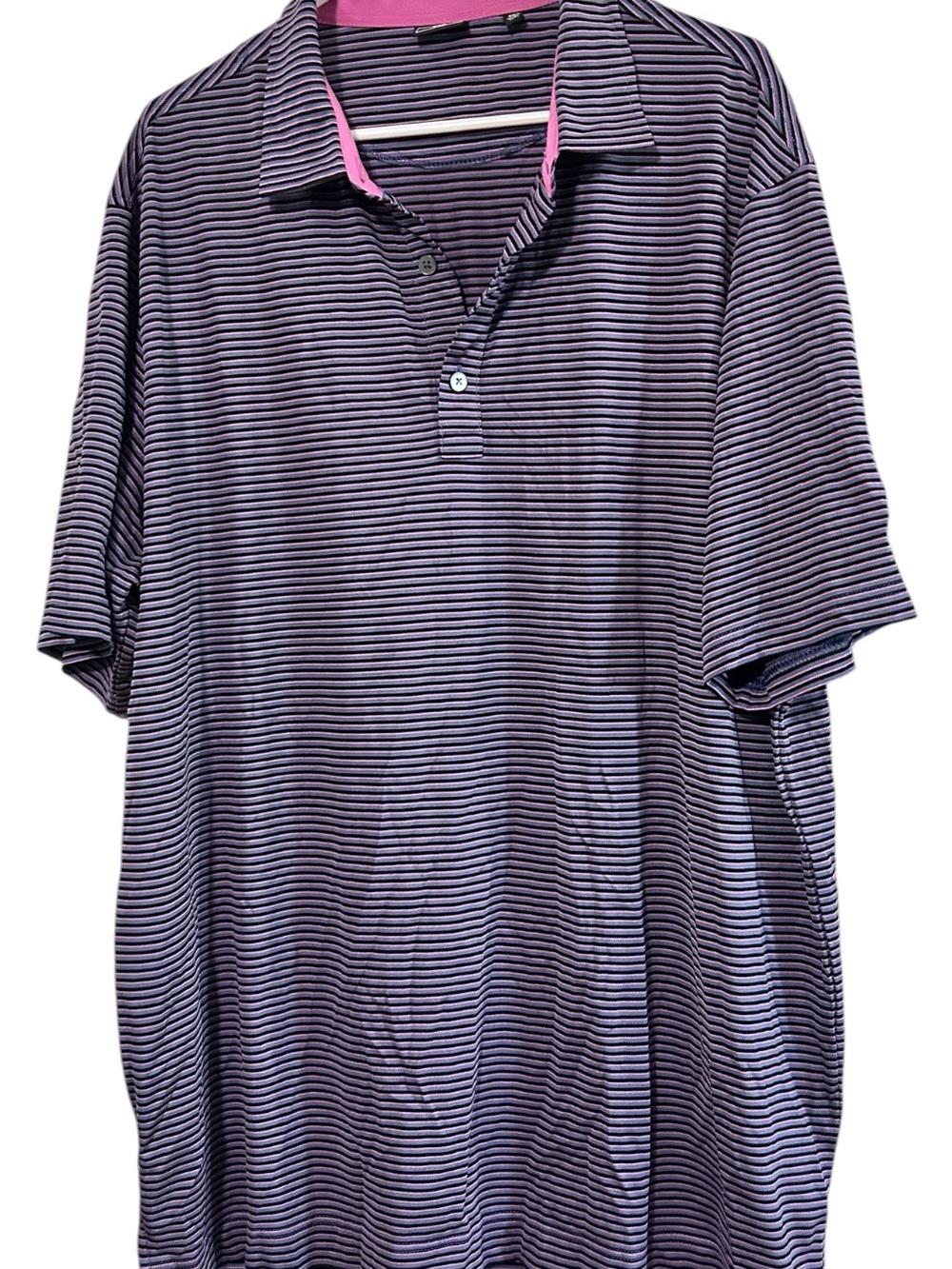 FootJoy Men's Purple Striped Polo with Pink Collar Trim